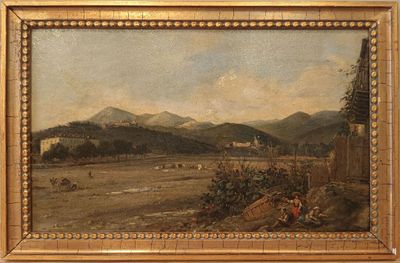 une image représentant un tableau représentant une vue d'une ville avec des montagnes en arrière-plan