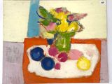 une peinture représentant un vase de fleurs et de fruits sur une table