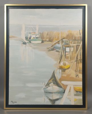 peinture à l'huile encadrée représentant un bateau amarré au bord d'un lac