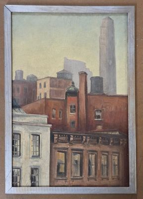 a picture of a painting of a cityscape on the wall