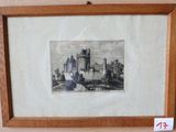 un vieux dessin représentant un château, encadré dans un cadre en bois et accroché au mur
