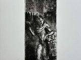 a black and white drawing of a woman carrying a basket