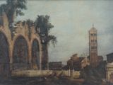 peinture représentant un tableau d'un bâtiment avec une tour horloge en arrière-plan