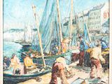 a painting of a group of people on a dock