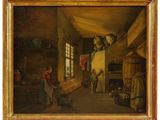 une peinture à l'huile représentant un homme travaillant dans une cuisine, entouré de casseroles et de poêles