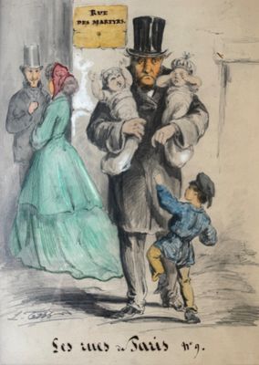 drawing of a man in a top hat and a woman in a long dress and a child in a blue dress