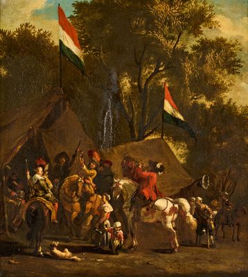 tableau représentant un groupe de personnes à cheval et un homme à cheval devant une tente