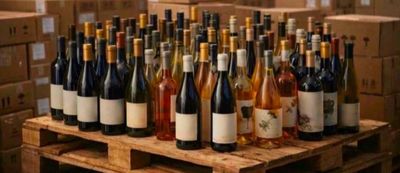 many bottles of wine sitting on a wooden pallet