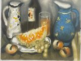 une peinture représentant une nature morte avec des fruits et une bouteille de vin