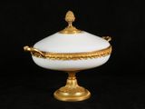 an image of a white and gold covered bowl on a black background