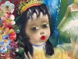 a painting of a little girl holding a bouquet of flowers