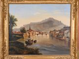 an oil painting of a river scene with a boat and a mountain in the background