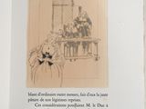 an open book with a drawing of a man and a woman sitting at a table