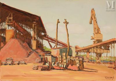 une peinture à l'huile représentant un grand tas de sable à côté d'un bâtiment