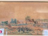 peinture représentant un paysage avec des arbres et une rivière au loin