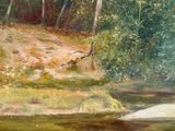 a painting of a stream running through a wooded area