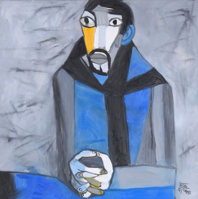 a painting of a man sitting at a table with a glass in his hand