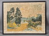 painting of a landscape with trees and bushes in a black frame