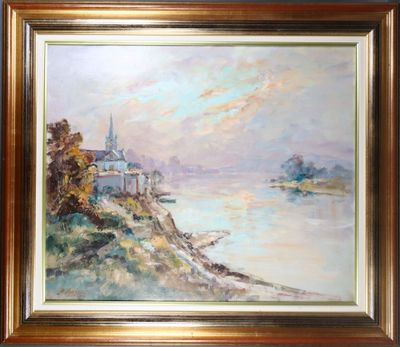 an oil painting of a river scene with a church in the distance