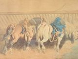 un tableau représentant un groupe de chevaux tirant un homme à cheval
