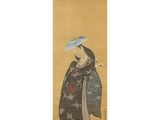 a painting of a woman in a kimono robe and hat