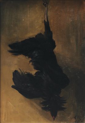 une image représentant un tableau sur lequel figure un oiseau noir suspendu à une corde