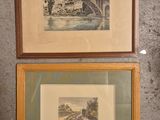 two framed pictures of a bridge over a river