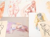 many different colored drawings of a woman laying on a bed