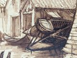a drawing of a boat on the ground next to a building