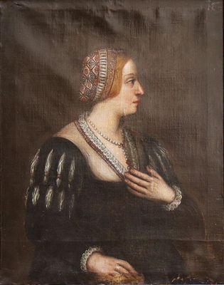 an old painting of a woman in a black dress with a red headband