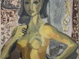 une peinture à l'huile représentant une femme en robe jaune debout devant un miroir