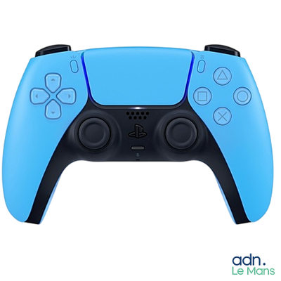 l'arrière d'une manette bleue dotée de deux boutons, sur fond blanc