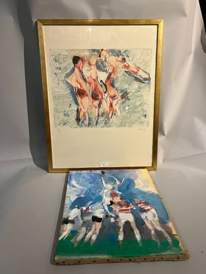 deux tableaux représentant des personnes en maillot de bain sur fond blanc