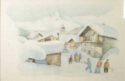une photo d'un tableau représentant un village sous la neige