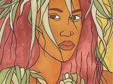 painting of a woman with pink hair and green leaves on her head