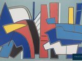 an abstract painting of blue, red, and yellow shapes on a blue background