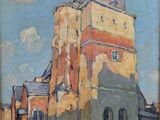 an oil painting of a building with a clock tower in the background