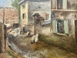 un tableau représentant une scène de rue avec des bâtiments et des moutons