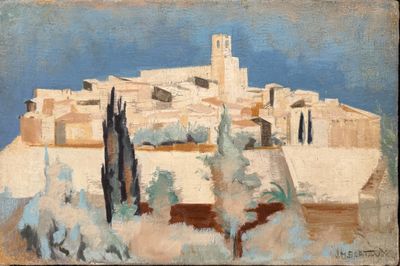 une peinture à l'huile représentant un village avec une tour au sommet d'une colline