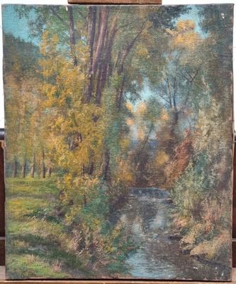 an oil painting of a river in a wooded area with trees