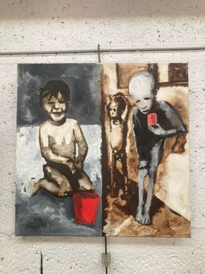 tableau représentant deux tableaux : l'un d'un garçon et l'autre d'un garçon avec un seau