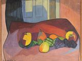 une peinture représentant une nature morte avec des fruits sur la table