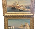 two paintings of boats in a harbor with buildings in the background