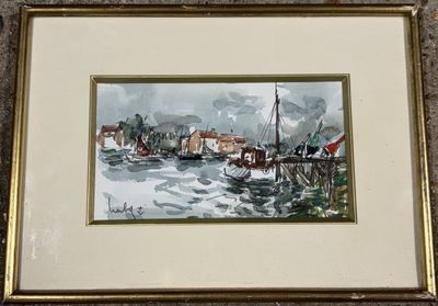 framed watercolor painting of a harbor scene with boats in the water