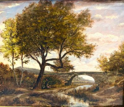 un tableau représentant un pont enjambant un ruisseau dans les bois