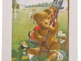 une peinture représentant un ours en peluche avec un arc et des flèches