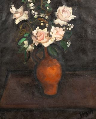Hubert Malfait (1898-1971) 'Kruik met Rozen', huile sur toil…