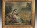 an oil painting of a woman and children in a landscape