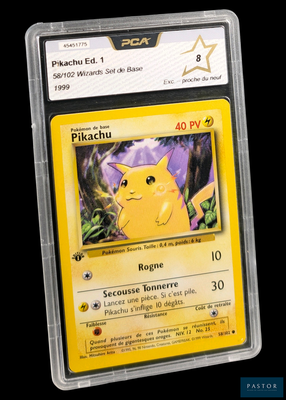 La carte Pokémon se trouve dans un étui en plastique transparent sur fond noir.