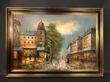 peinture d'une scène de rue en ville avec des personnes marchant dans la rue